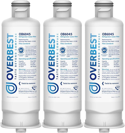 Overbest DA97-17376B Replacement for Samsung® HAF-QIN/EXP, HAF-QIN, DA97-08006C, RF28R7201SR, RF28R7351SG, RF23M8070SR, RF23M8090SG, OB6045, Refrigerator Water Filter (Pack of 3)