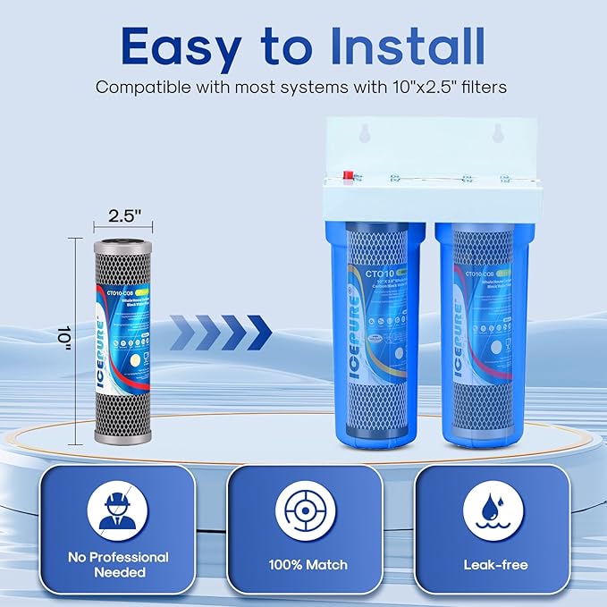 ICEPURE 2-Stage 2.5"x 10" Whole House Water Filter, Carbon Block Cartridge and Upgraded Coconut Shell Activated Carbon Lead Remove Cartridge Replacement for 10 Inch Water Filter System, 2PACK