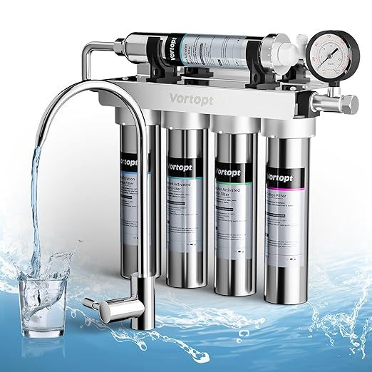 Under Sink Water Filtration System-NSF&CEC Certified,Stainless Steel Water Filter, Real-time Pressure Gauge,0.01μm Kitchen Undersink Water Filtration,Retain Beneficial Minerals,U1(5 Filters)