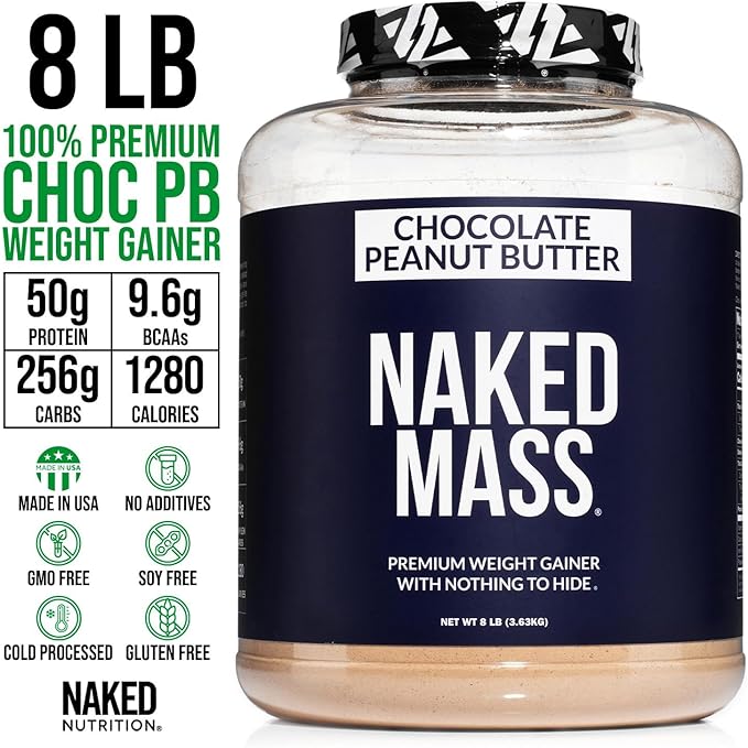 NAKED Chocolate Peanut Butter Mass - 1,280 Calories, 50G Protein, Nothing Artificial. All Natural Weight Gainer Protein Powder - 8Lb Bulk, GMO Free, Gluten Free & Soy Free