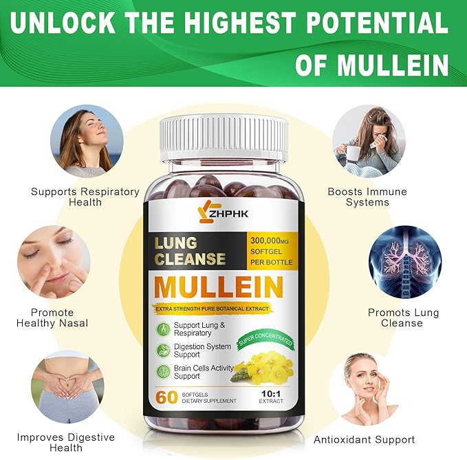 Mullein Leaf Extract for Lungs Softgels, Lung Detox for Smokers， Lung Cleanse Respiratory Lung Support, Herbal Supplements, Vegan, Non-GMO, Immune Digestive Support, 180-Count, 180 Days Supply