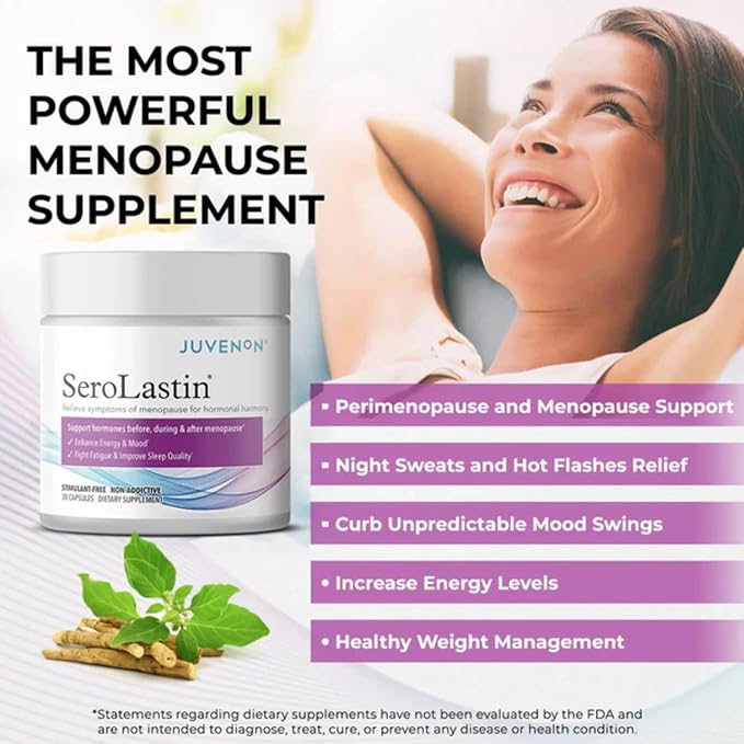 Juvenon Menopause Supplements for Women Mood Support, Hot Flashes Relief, Peri-Menopausal Support, Hormone Balance, Promote Calm, Energy, Clarity, Sleep, Natural Herbal Supplement, (30 Capsules)