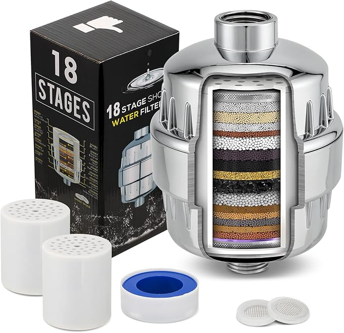 18-Stage Filtro Para Ducha De Baño Shower Filters To Remove Toxic Chemicals Relieve Skin Itching Remove 99.9% Of Shower Head For Hard Water 2 Replacement Cartridges, Polished Chrome