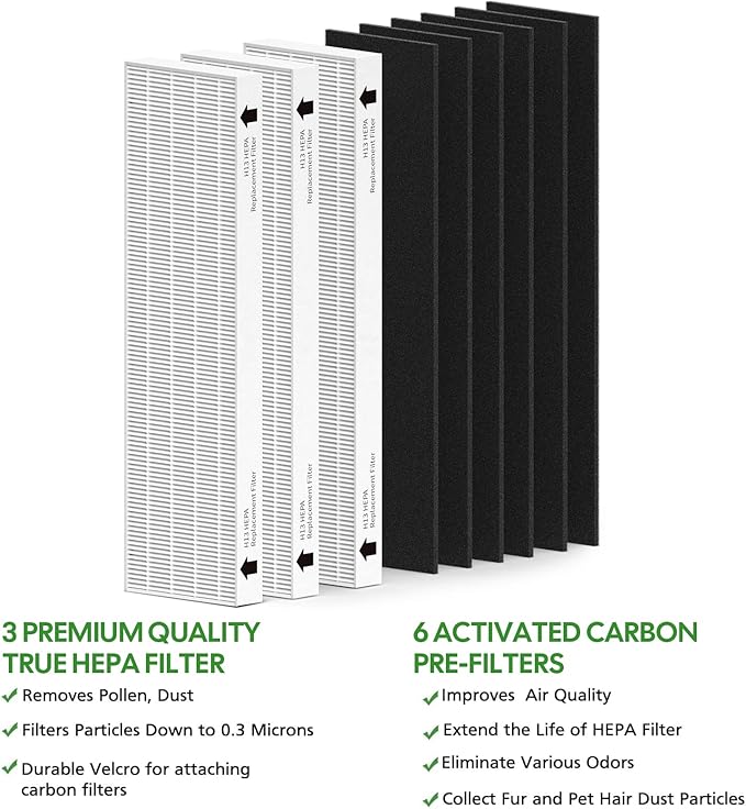 3 Pack Replacement Filter for Fellowes AeraMax 90/100/DX5/DB5 Purifiers, Fits Part# 9287001 & 9324001, 3 Filter and 6 Carbon Filter