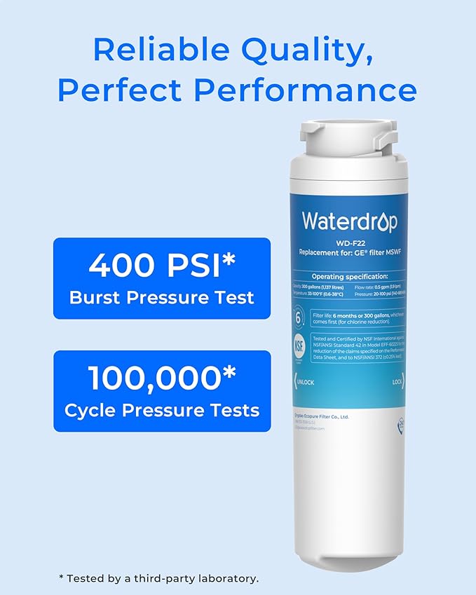 Waterdrop MSWF Refrigerator Water Filter, Replacement for GE® MSWF, 101820A, 101821B, RWF1500A, NSF 42&372 Certified, Pack of 3