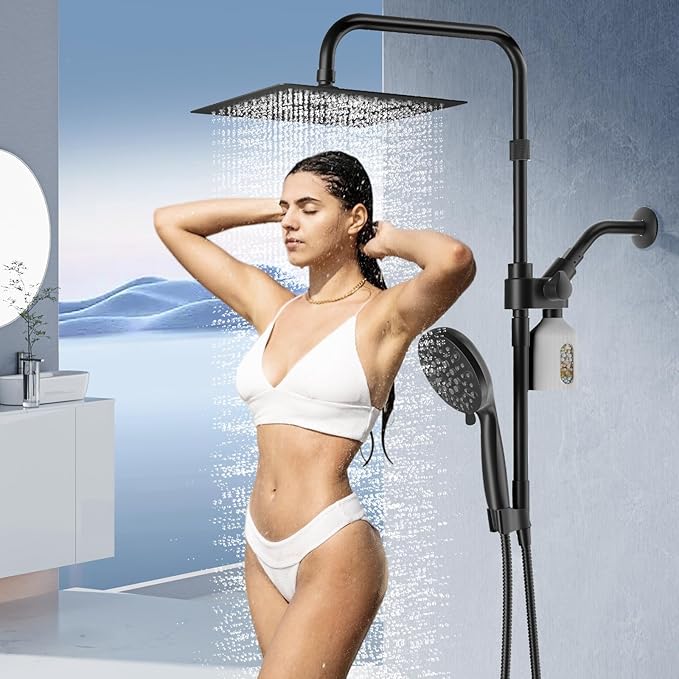 10" Filtered Rain Shower Head with Handheld Spray Combo, High Pressure Shower Head and Handle Set with Filter, Dual Shower Head with Extra Long Hose and Adjustable Extension Arm (Black)