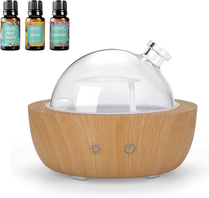 Glass Essential Oil Diffusers for Home, Wood Grain Base Humidifier, Decorative Bedroom Aromatherapy Scent Air Diffuser Ultrasonic Aroma Defusers 200ml（with 3Pcs Essential Oils）