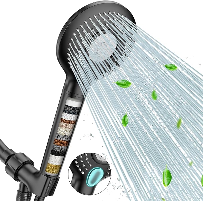 FEELSO Filtered Shower Head with Handheld, High Pressure 3 Spray Mode Showerhead with 15 Stage Water Softener Filters Beads for Hard Water - Remove Chlorine - Reduces Dry Itchy Skin, Matte Black