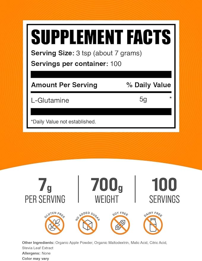 BulkSupplements.com L-Glutamine Powder - Glutamine Supplement, Amino Acid Supplement - Sour Green Apple Flavor, 7g per Serving, 700g (1.5 lbs) (Pack of 1)