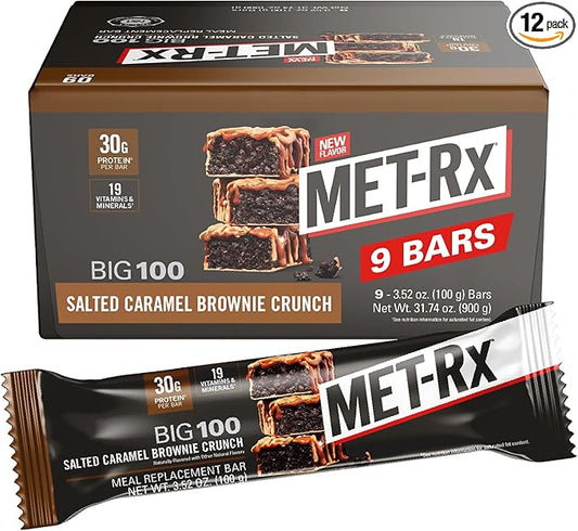 MET-Rx Big 100 Protein Bar, Meal Replacement Bar, 30G Protein, Salted Caramel Brownie Crunch, 9 Count, 3.52 Oz.(Packaging may vary)