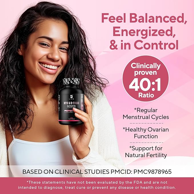 Inositol Supplement for Women – Myo-Inositol & D-Chiro Inositol – PCOS Supplements for Ovarian Support – Myo Inositol Supplement – Myoinositol and D Chiro Inositol – Vitamin B8– 40:1 Ratio - 120 Caps