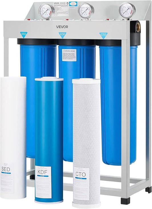 VEVOR Whole House Water Filter System, 3-Stage | Sediment, KDF, CTO | 4.5" x 20" Home Water Purifier Filter Reduce Heavy Metal, Lead, Mercury, Chlorine, Bad Taste, Odor, Rust