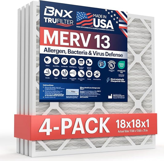 BNX TruFilter 18x18x1 Air Filter MERV 13 (4-Pack) - MADE IN USA - Electrostatic Pleated Air Conditioner HVAC AC Furnace Filters for Allergies, Pollen, Mold, Bacteria, Smoke, Allergen, MPR 1900 FPR 10