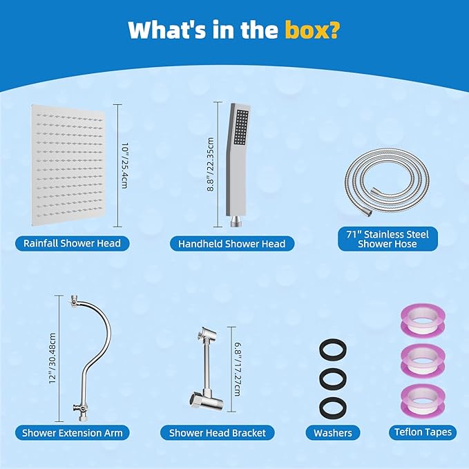 Hibbent All Metal Shower Head, 10'' High Pressure Rainfall Shower Head, Showerhead Combo, Handheld Shower Wand, 12'' Adjustable Curved Shower Extension Arm, 71'' Hose, Shower Head Holder, Chrome