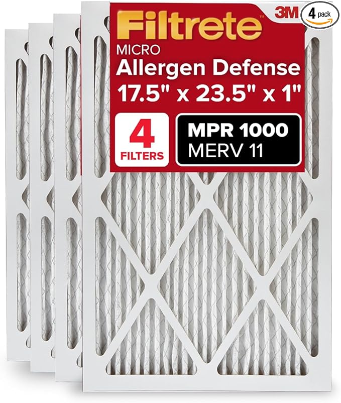 Filtrete 17.5x23.5x1 AC Furnace Air Filter, MERV 11, MPR 1000, Micro Allergen Defense, 3-Month Pleated 1-Inch Electrostatic Air Cleaning Filter, 4 Pack (Actual Size 17.19x23.19x0.81 in)