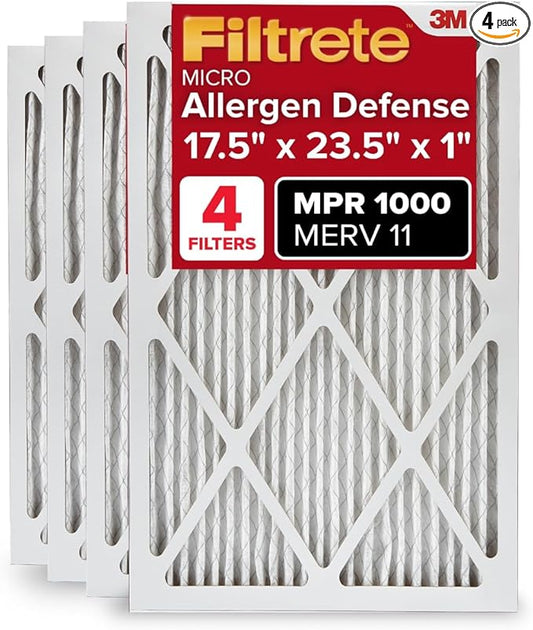 Filtrete 17.5x23.5x1 AC Furnace Air Filter, MERV 11, MPR 1000, Micro Allergen Defense, 3-Month Pleated 1-Inch Electrostatic Air Cleaning Filter, 4 Pack (Actual Size 17.19x23.19x0.81 in)
