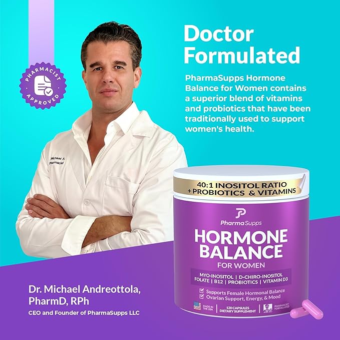 Hormone Balance for Women, Ovarian Support, Fertility, Menstrual Cycle, PCOS | Myo-Inositol & D-Chiro Inositol Supplement 40:1 Ratio w/Folic Acid for Hormonal Balance, B12 & Probiotics - 240 Count