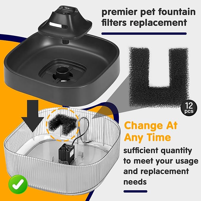 12-Pack Cat Water Fountain Foam Filters - Pet Filter Replacement for 135oz/4L and 118oz/3.5L Dog Drinking Fountain - Universal Black