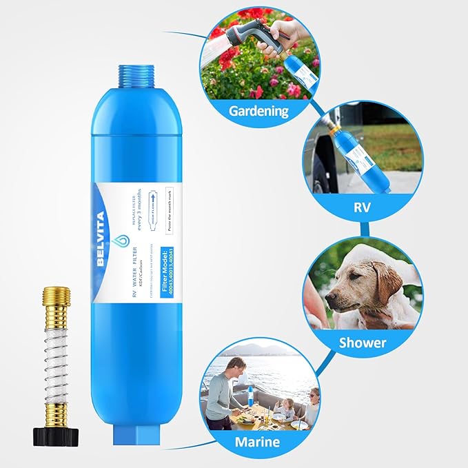 RV inline water filter with Flexible Hose Protector,Dedicated for RVs and Marines,2 pack Drinking,Washing filter,Reduces Lead,Fluoride,Chlorine,Bad Tast,Odor