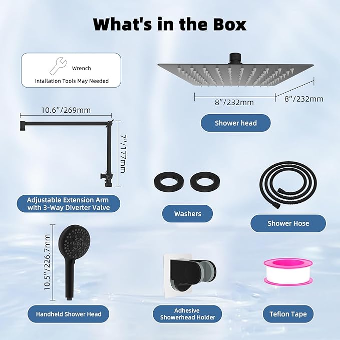 Metal Rain Shower Head with Handheld Spray Combo, 8” High Pressure Rainfall Shower Head with16" Shower Extension Arm, 10-Spray Handheld Built-in Power Wash, Solid Brass 3-Way Diverter, Matte Black