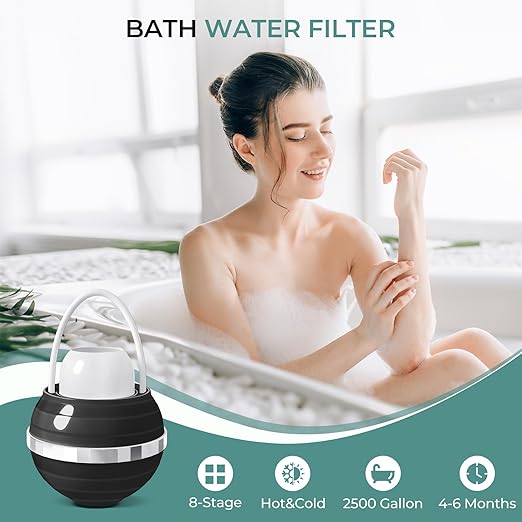 Bath Filter for Tub - 8 Stages Bath Water Filter for Tub Faucet, Hard Water Softener to Remove contaminants, Chlorineand Fluoride, 2,500 Gallons of Filtration, BPA Free (Black)