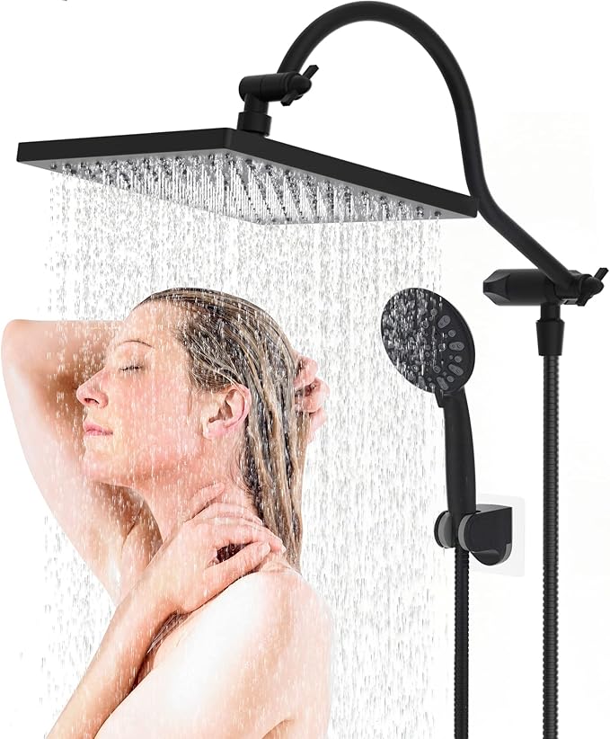 Hibbent 10 Inch High Pressure Rainfall Shower Head/Handheld Showerhead Combo with 12 Inch Adjustable Curved Shower Extension Arm,7-Spray,71-inch Hose Adhesive Showerhead Holder,Matte Black