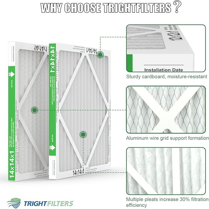 14x14x1 Air Filter 4 Pack, MERV 8 Pleated Dust Defense Air Filters Replacement Air Conditioner HVAC AC Furnace Filter, Durable and Lightweight