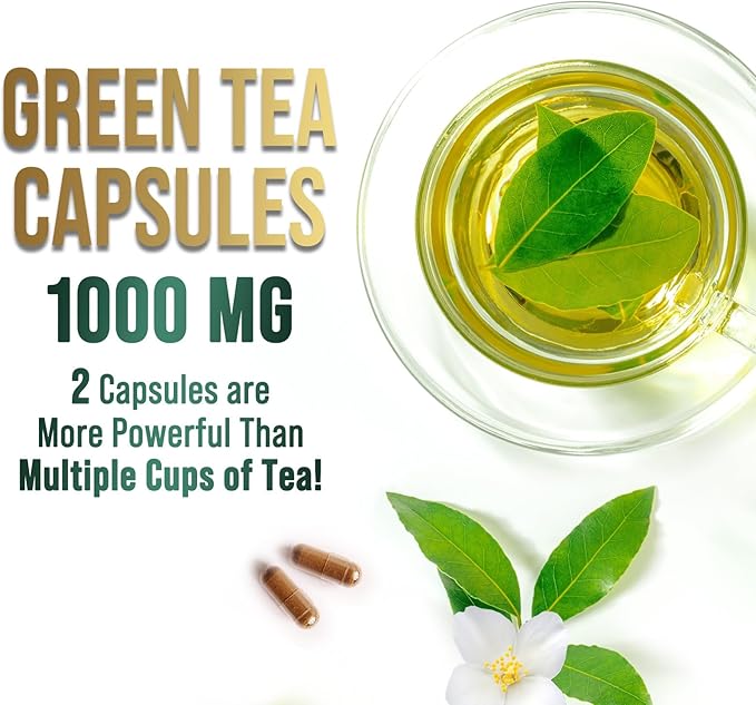 Green Tea Extract Capsules 1000mg with 98% Standardized Polyphenols & 45% EGCG for Heart Support with Antioxidants - 3X Absorption Green Tea Pills for Natural Energy, Gentle Caffeine - 120 Capsules