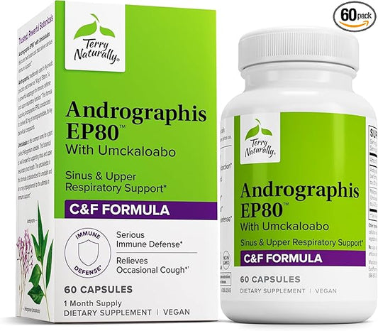 Terry Naturally Andrographis EP80 with Umckaloabo - Sinus Health Support - Supplement to Support Mucus Relief & Respiratory Function - Vegan Capsules to Aid Immune Health - 60 Capsules (60 Servings)
