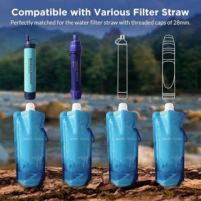 Membrane Solutions Squeezable Water Filtration System, Survival Water Purifier Kit, Portable Backpacking Gear Including Water Filter Straw and 23oz Collapsible Bottle for Hiking Camping Travel(4+4)
