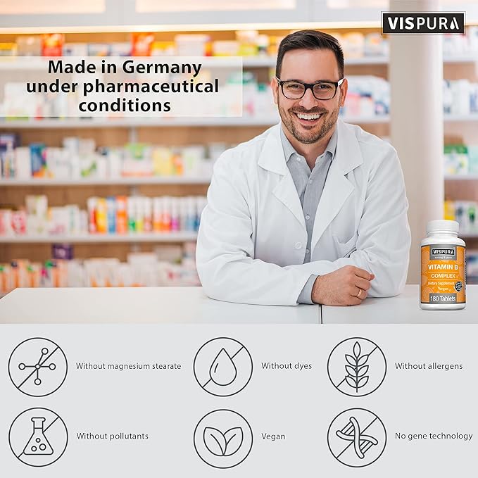 Vitamin B-Complex, 180 Vegan Tablets, All B Vitamins Including B12, B1, B2, B3, B5, B6, B7, B9, Folic Acid, for Stress, Energy and Healthy Immune System*, Natural Supplement Without Additives