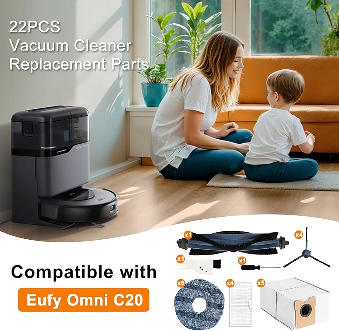 22 Pack Accessories Compatible with Eufy Omni C20 Robotic Vacuum Cleaner Accessory,1 Main Brush, 4 Sweeping Brushes,4 HEPA Filters,5 Dust Bags(Activated Carbon),6 Mop Pads