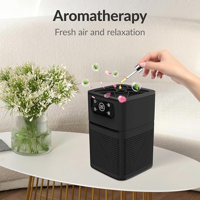 Air Purifier for Bedroom Home, FETIONS Air Cleaner with Fragrance Sponge Sleep Mode 3-in-1 Filtration System, Compact with H13 HEPA Filter for Pet Dander Pollen Smoke Dust Odor, Black, 2 Pack