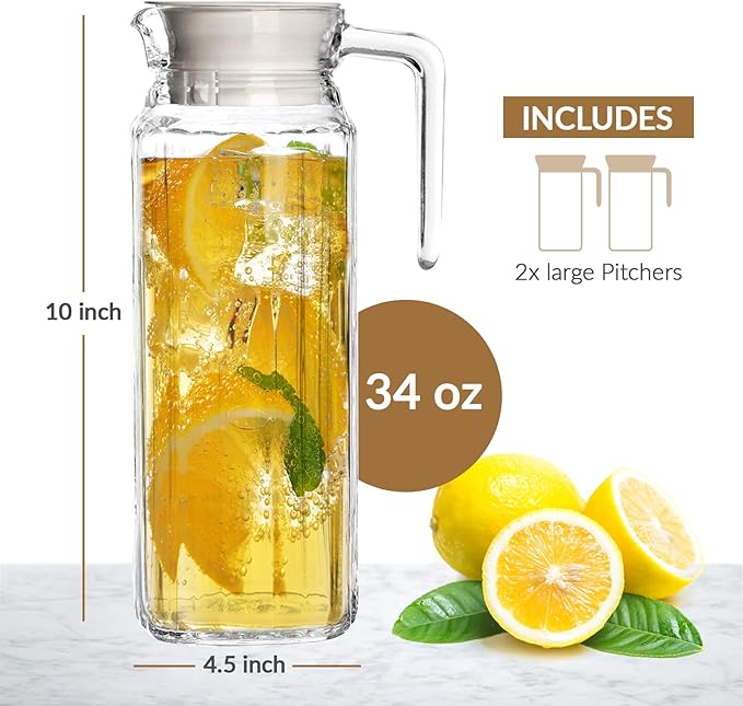 Glass Pitcher with Lid – Set of 2 34Oz Glass Water Pitcher – Cold Water Carafe For Ice Tea, Lemonade, Coffee – Elegant and Modern – Practical Spout Pitchers for Drinks