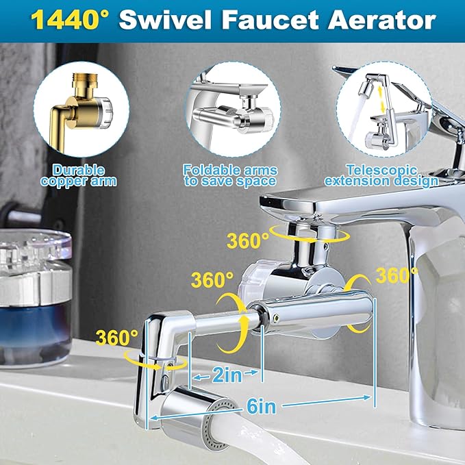 1440º Sink Water Filter Faucet Extender Telescopic, Splash-proof Sink Faucet Extender with Filter, Reduce 99% Chlorine, 2 Modes Spray Attachment for Kitchen/Bathroom/Toddlers, 8Pcs Replacement Filter