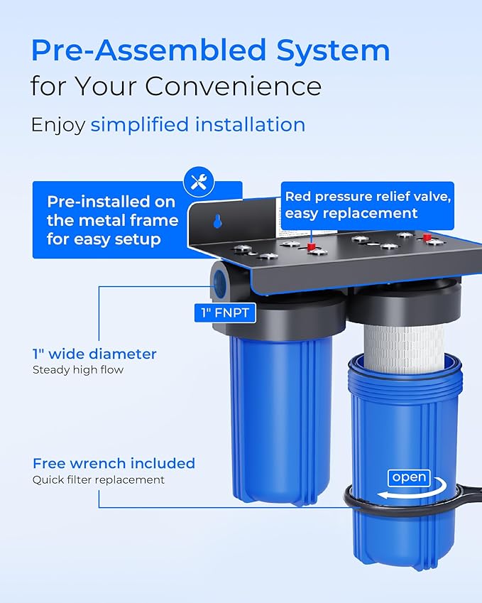 Waterdrop 2 Stage Whole House Water Filter System, with Heavy Metal Sediment Filter, Highly Reduce Mercury, Lead, Iron, Manganese, Chlorine for Well/City Water, WD-WHF21-PBH, 1" Inlet/Outlet