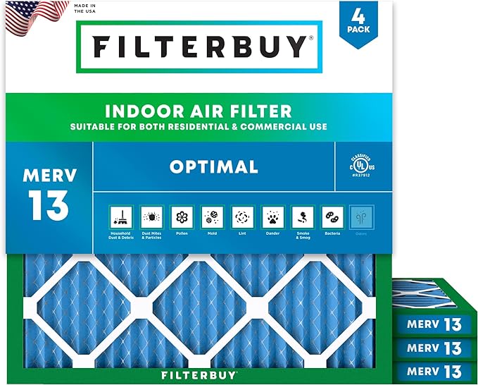 Filterbuy 22x22x1 Air Filter MERV 13 (MPR 1900) Health Defense Replacement (4-Pack), Electrostatic Pleated HVAC AC Furnace Filters, Made in USA (Actual Size: 21.50 x 21.50 x 0.75)