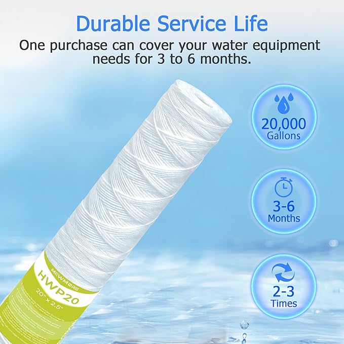 5 Micron Whole House Water Filter Cartridge, String Wound Sediment Filters for Well Water, Universal Replacement for Any 20 inch Silm Housings - 20" x 2.5" Cartridges - Pack of 6