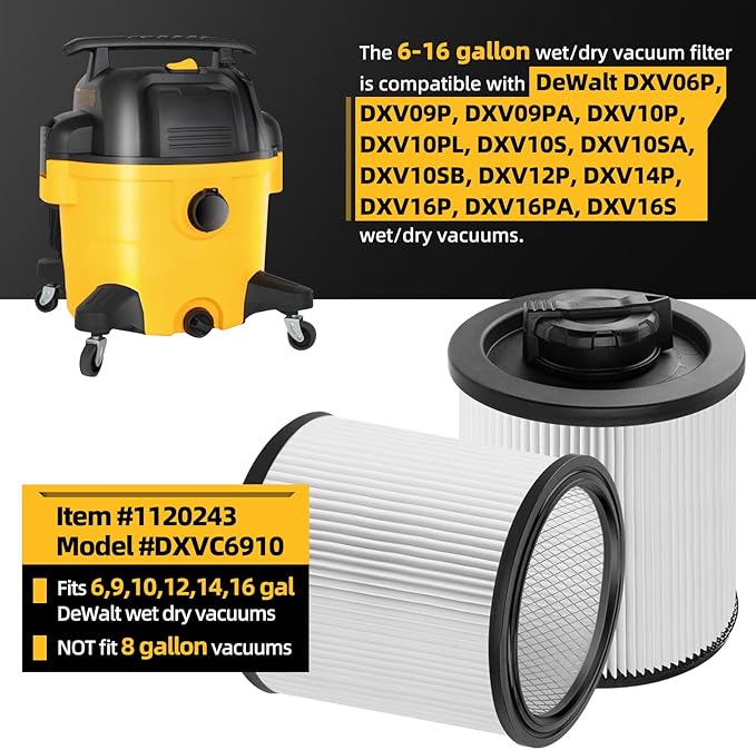 2 Pack DXVC6910 Cartridge Filter Replacement for DEWALT 6,9,10,12,14,16 Gallon Wet/Dry Vac, Compatible with DeWalt DXV06P DXV09P DXV10P DXV10PL DXV10SA DXV12P DXV14P DXV16P, Washable and Reusable