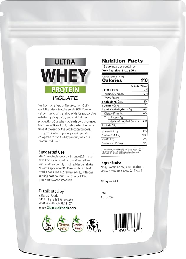 Z Natural Foods Ultra Whey Protein Isolate Powder - Pure, Unflavored, Unsweetened Whey Protein Powder - Flavorless Whey Isolate with Vital Proteins for Fitness, Sports Nutrition, Immune Support, 1 lb