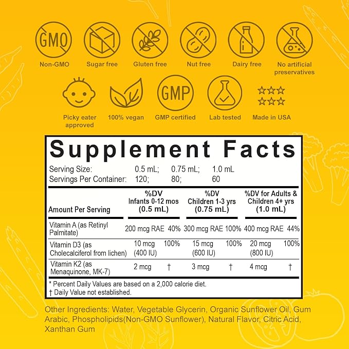 Nuvamin – Liquid Liposomal Vitamin A & D3 Drops with K2 for Baby Toddlers Kids & Adults, 800 IU/mL, 2 Fl.Oz (60ml), 120 Daily Serving, Great Taste - All Natural - Superior Absorption, Lemon Flavor