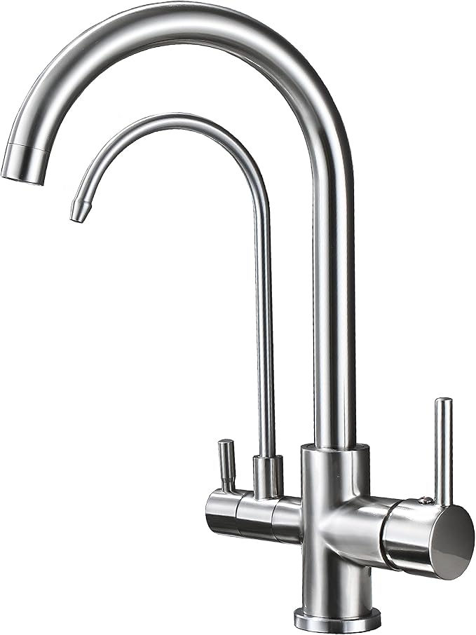 Faucet KF001, Brushed Nickel, Kitchen, Single Hole, Ceramic Plate Valve, 2 Handles, Solid Brass, 3 in 1 Water Filter Purifier
