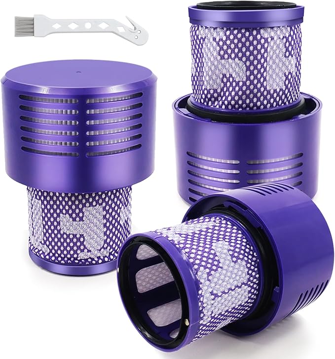 V10 Filters for Dyson V10 Cyclone Series, V10 Animal, V10 Absolute, V10 Total Clean, SV12, Part No. 969082-01, 3 Pack Filters and 1 Clean Brush.