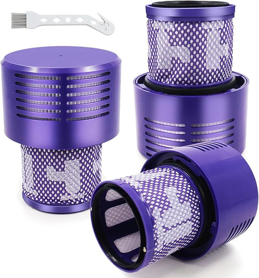 V10 Filters for Dyson V10 Cyclone Series, V10 Animal, V10 Absolute, V10 Total Clean, SV12, Part No. 969082-01, 3 Pack Filters and 1 Clean Brush.