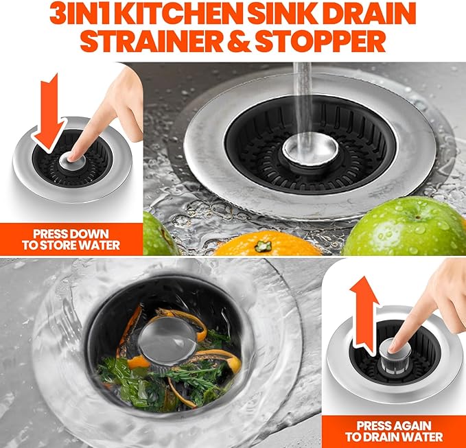 3 in 1 Kitchen Sink Drain Strainer & Sink Stopper, Upgraded Stainless Steel Drain Plug Combo with Anti-Clog Basket, Pop Up Drain Cover for Standard 3-1/2'',Garbage Disposal Parts