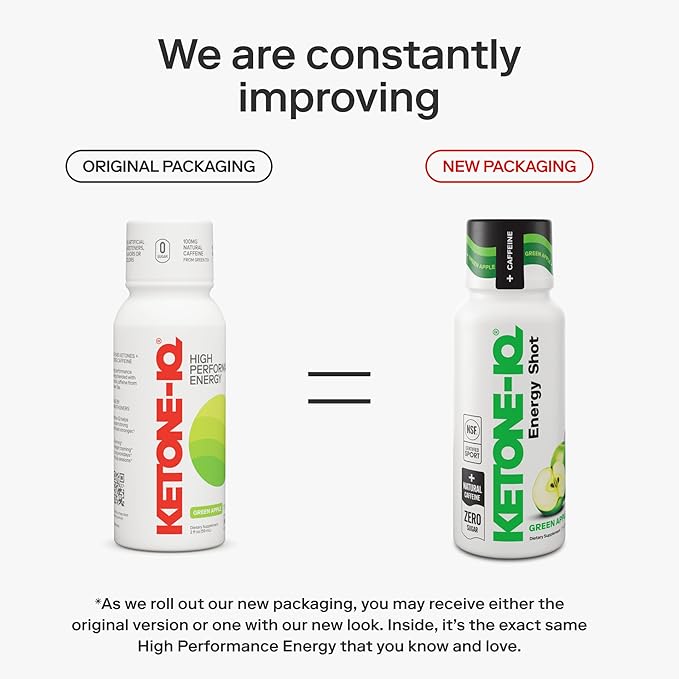 Exogenous Ketone Energy Shots with Caffeine - 24 Pack of Green Tea Caffeine Shots with 5g Bioidentical Ketones and B Vitamins - Fast Acting, On The Go Clean Energy Drink (Green Apple)