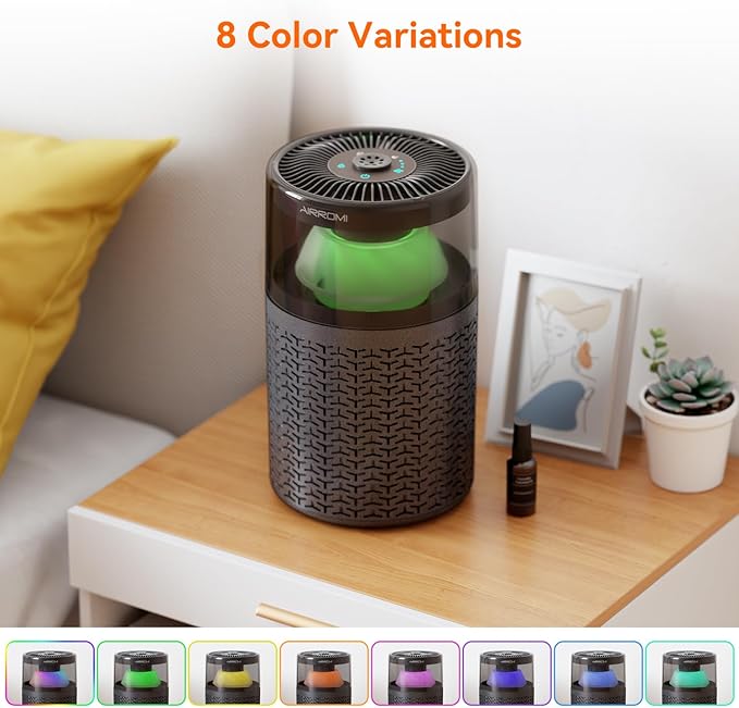 AIRROMI Air Purifiers for Bedroom Home,Up to 658 Ft²,Activated Carbon Filter Cleaner,With Fragrance Sponge for Better Sleep,Night Light,Pet Dander,Allergies,Smoke,Odor,Desktop Air Cleaner A2002 Grey