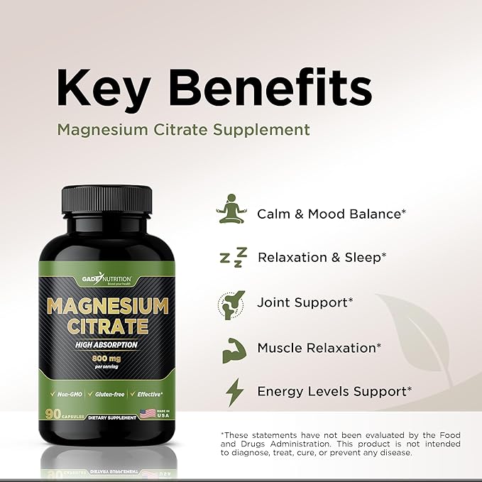 Gade Nutrition Pure Magnesium Citrate Supplement | Calm Magnesium for Sleep | Nature Made Magnesium in Veggie Capsules | Citrato de Magnesio | Magnesium Supplement Made in USA