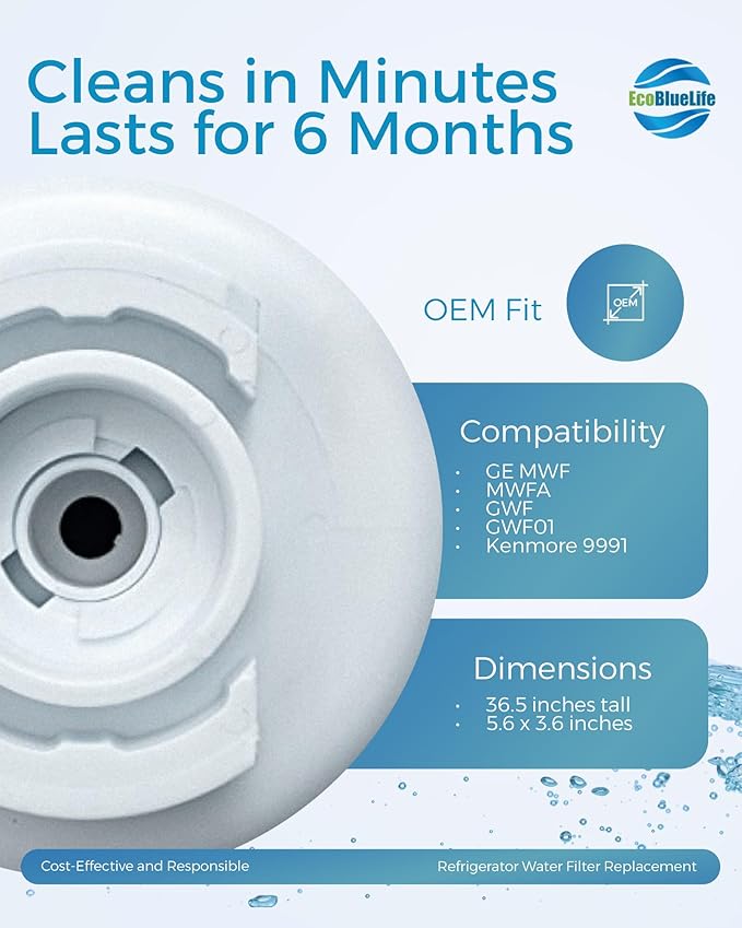 EcoBlueLife Refrigerator Water Filter Replacement using Renewable Activated Carbon. Easy Install Fridge Filter Replacement. Filters up to 300 Gallons of water, 6 Months of Purified Water