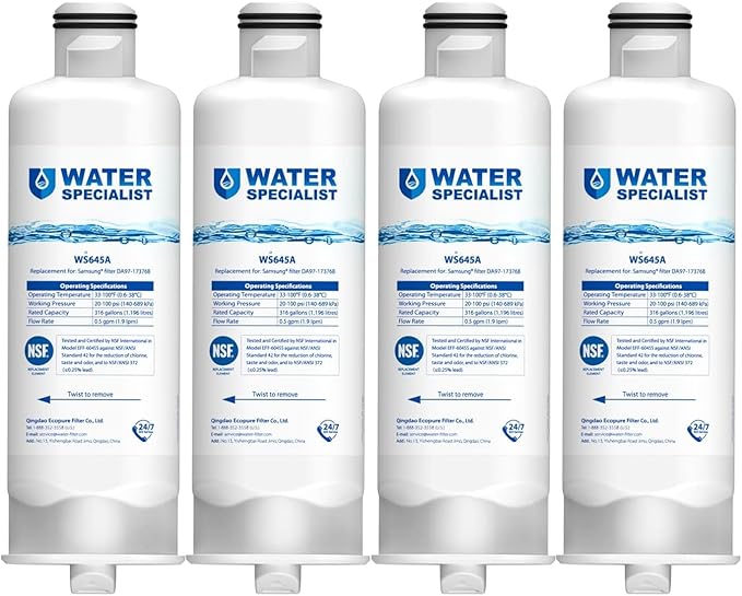 Waterspecialist DA97-17376B Replacement for Samsung HAF-QIN/EXP, HAF-QIN, DA97-08006C, RF28R7351SG, RF23M8070SR, RF23M8070SG, RF23M8090SG, RF28R7201SR, Refrigerator Water Filter (Pack of 4)